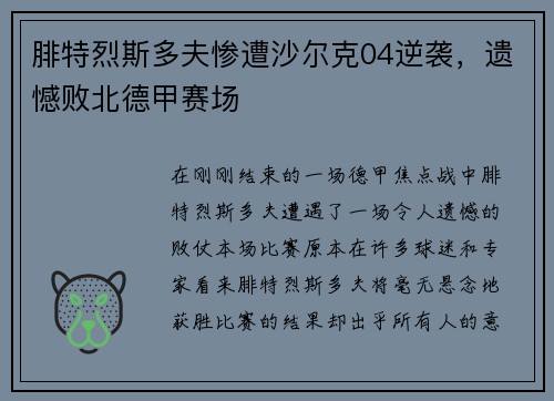 腓特烈斯多夫惨遭沙尔克04逆袭，遗憾败北德甲赛场