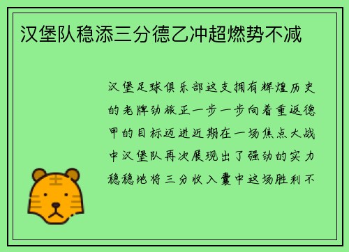汉堡队稳添三分德乙冲超燃势不减